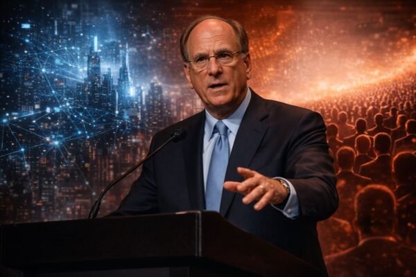 Πορτρέτο του CEO της BlackRock, Larry Fink, με φόντο ψηφιακά γραφικά που συμβολίζουν τη ροή δεδομένων blockchain και τη μεταφορά των παραδοσιακών χρηματοπιστωτικών αγορών στην ψηφιακή εποχή του tokenization.