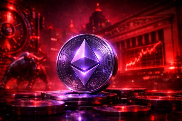 Το λογότυπο της BlackRock δίπλα στο κρυπτονόμισμα Ethereum πάνω από ένα ψηφιακό ταμπλό της Wall Street που αναγράφει αποδόσεις staking και χρηματιστηριακούς δείκτες.