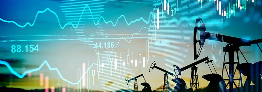 Ο Πρόεδρος της FED Jerome Powell μπροστά από κόκκινα γραφήματα αγορών με έντονη μεταβλητότητα, το λογότυπο του Bitcoin και φόντο πετρελαϊκές εγκαταστάσεις στη Μέση Ανατολή.