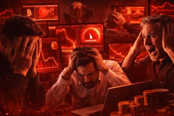 Ψηφιακός μετρητής του Crypto Fear and Greed Index που δείχνει την ένδειξη 15 στην περιοχή Extreme Fear, με φόντο πτωτικά διαγράμματα της τιμής του Bitcoin και κόκκινα ταμπλό ανταλλακτηρίων.