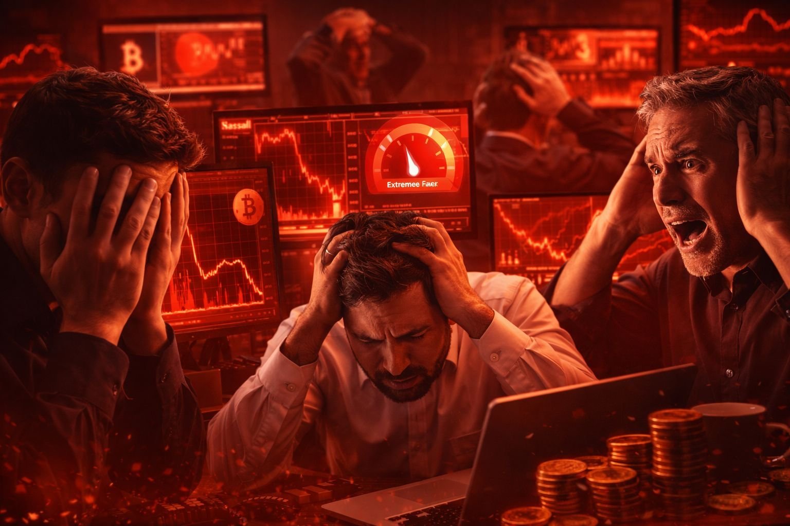 Ψηφιακός μετρητής του Crypto Fear and Greed Index που δείχνει την ένδειξη 15 στην περιοχή Extreme Fear, με φόντο πτωτικά διαγράμματα της τιμής του Bitcoin και κόκκινα ταμπλό ανταλλακτηρίων.