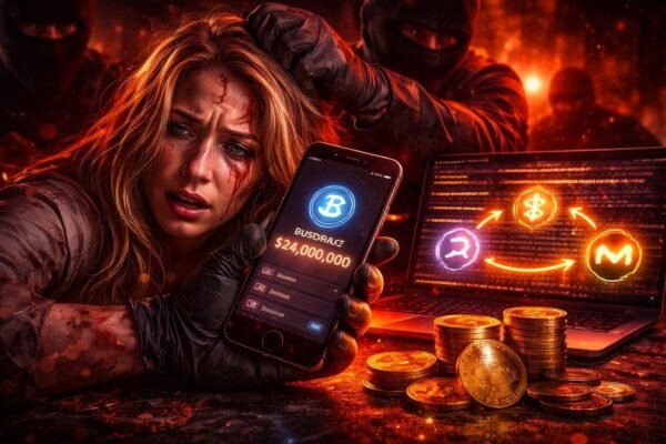 Hacker and crypto theft concept with Ethereum and stablecoins showing $24 million stolen in violent attack involving cross-chain transfers across Bitcoin and Monero.