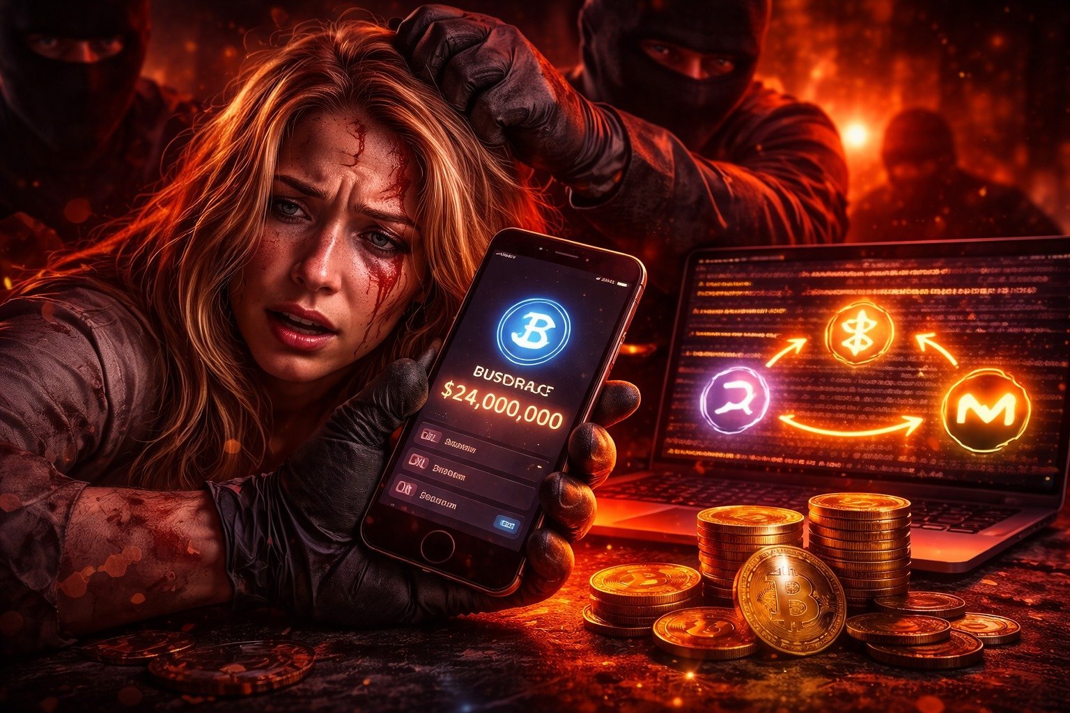 Hacker and crypto theft concept with Ethereum and stablecoins showing $24 million stolen in violent attack involving cross-chain transfers across Bitcoin and Monero.