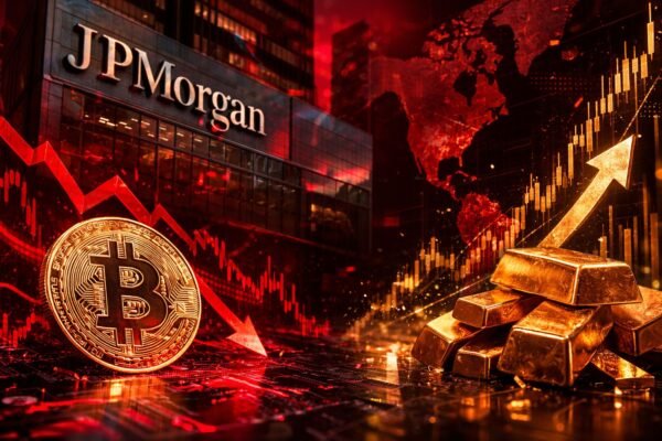 Δραματική αντίθεση ανάμεσα στο χρυσό σύμβολο του Bitcoin που υποχωρεί και ράβδους φυσικού χρυσού που λάμπουν, με φόντο χάρτη της Μέσης Ανατολής και το λογότυπο της JPMorgan, συμβολίζοντας την απόκλιση των επενδυτικών κεφαλαίων.