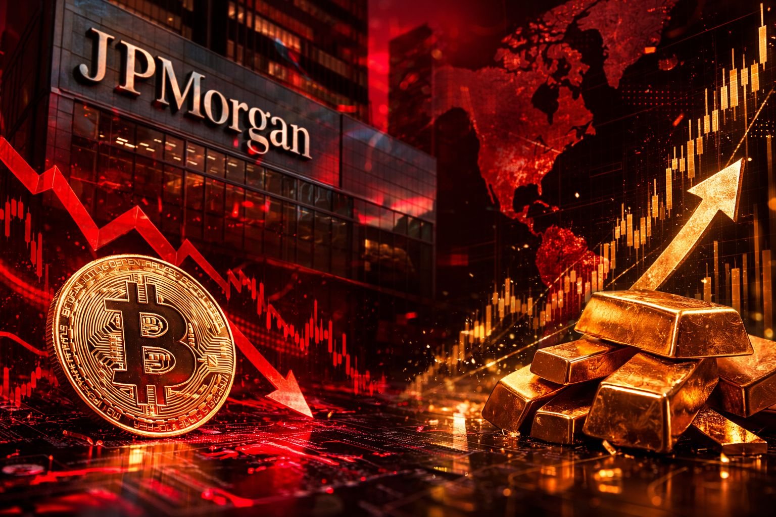 Δραματική αντίθεση ανάμεσα στο χρυσό σύμβολο του Bitcoin που υποχωρεί και ράβδους φυσικού χρυσού που λάμπουν, με φόντο χάρτη της Μέσης Ανατολής και το λογότυπο της JPMorgan, συμβολίζοντας την απόκλιση των επενδυτικών κεφαλαίων.