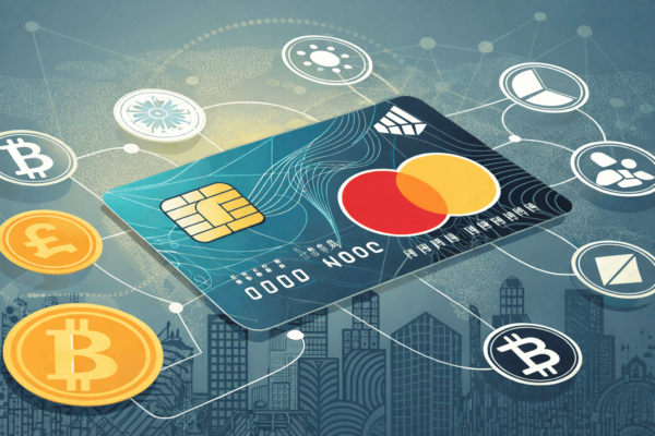 Το λογότυπο της Mastercard πλαισιωμένο από τα εικονίδια των Binance, Ripple και Circle σε ένα ψηφιακό φόντο που απεικονίζει παγκόσμιες διασυνδεδεμένες συναλλαγές blockchain