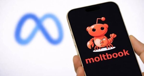 Ψηφιακή σύνθεση που απεικονίζει το λογότυπο της Meta δίπλα στο interface του Moltbook με AI agents να αλληλεπιδρούν σε περιβάλλον που θυμίζει social media, συμβολίζοντας την εξαγορά και το μέλλον της τεχνητής νοημοσύνης