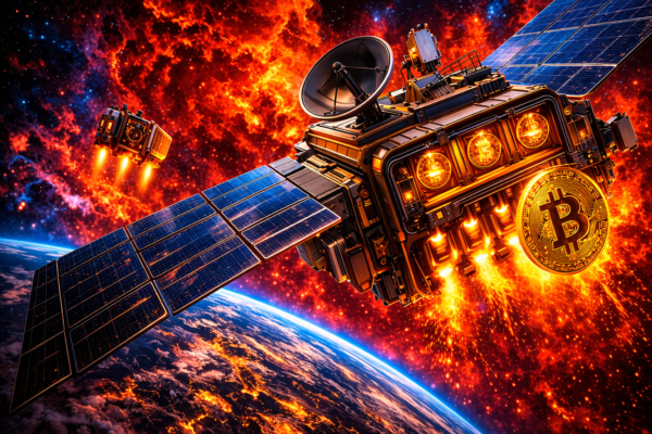 Satellite σε τροχιά γύρω από τη Γη που συμβολίζει Bitcoin mining στο διάστημα από την startup Starcloud με υποστήριξη τεχνολογίας Nvidia