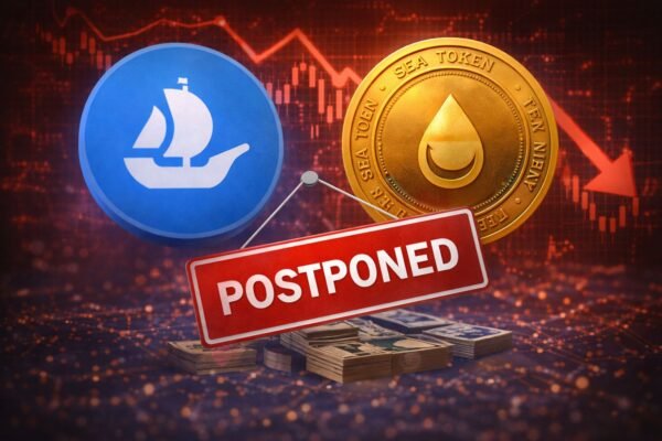 Ψηφιακή απεικόνιση του λογοτύπου της OpenSea σε σκοτεινό φόντο με ενδείξεις πτωτικής πορείας στην αγορά των κρυπτονομισμάτων και το σύμβολο του $SEA token να εμφανίζεται θολό σε δεύτερο πλάνο, συμβολίζοντας την αναστολή της κυκλοφορίας του.