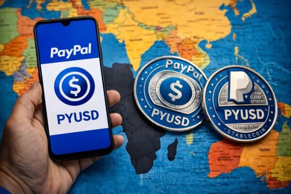 Το λογότυπο της PayPal δίπλα σε ένα ψηφιακό σύμβολο του δολαρίου και το διακριτικό PYUSD, με φόντο έναν παγκόσμιο χάρτη που συνδέεται με γραμμές δεδομένων, συμβολίζοντας την παγκόσμια επέκταση του stablecoin σε 70 χώρες.