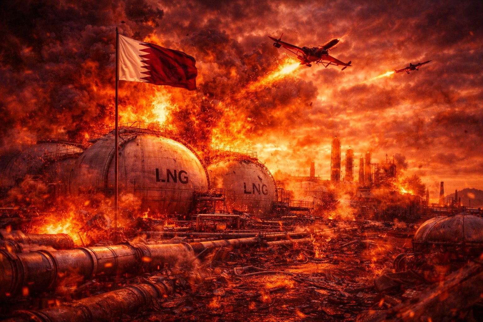 Εγκαταστάσεις LNG στη Ras Laffan στο Κατάρ τη νύχτα με δεξαμενές υγροποιημένου φυσικού αερίου και φωτισμένες βιομηχανικές μονάδες, στο επίκεντρο γεωπολιτικής έντασης μετά από αναφορές για επίθεση με drones.