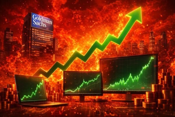 Γράφημα ανόδου χρηματιστηριακών δεικτών με το λογότυπο της Goldman Sachs σε φόντο ψηφιακών δεδομένων και συμβόλων κρυπτονομισμάτων.
