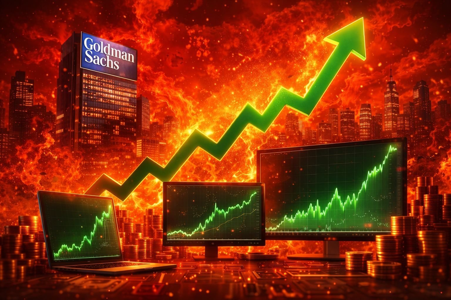 Γράφημα ανόδου χρηματιστηριακών δεικτών με το λογότυπο της Goldman Sachs σε φόντο ψηφιακών δεδομένων και συμβόλων κρυπτονομισμάτων.