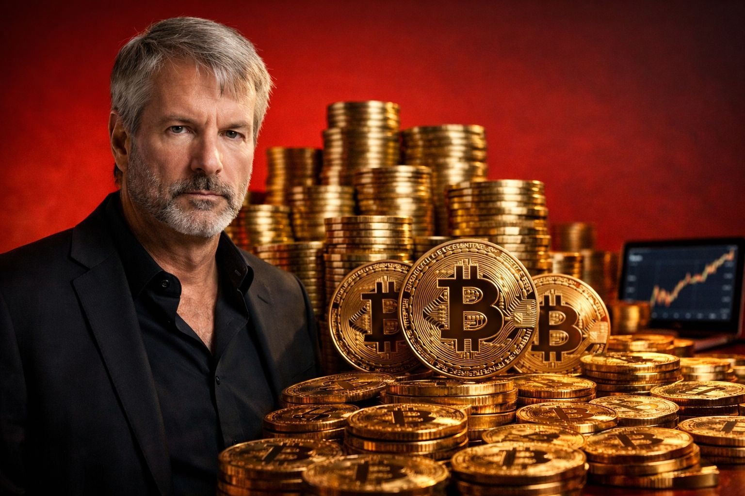 Ο Michael Saylor με φόντο το λογότυπο της Strategy και το σύμβολο του Bitcoin, πλαισιωμένος από χρηματιστηριακά γραφήματα που δείχνουν την άνοδο της τιμής του BTC και τα στοιχεία της αγοράς 1,57 δισ. δολαρίων