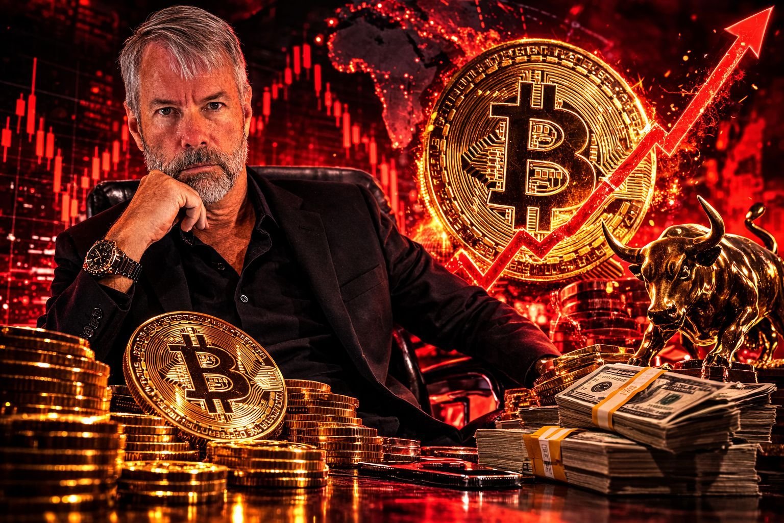 Michael Saylor και το λογότυπο της Strategy μπροστά από γραφικό Bitcoin που συμβολίζει αγορά 18.000 BTC αξίας πάνω από 1 δισεκατομμύριο δολάρια.