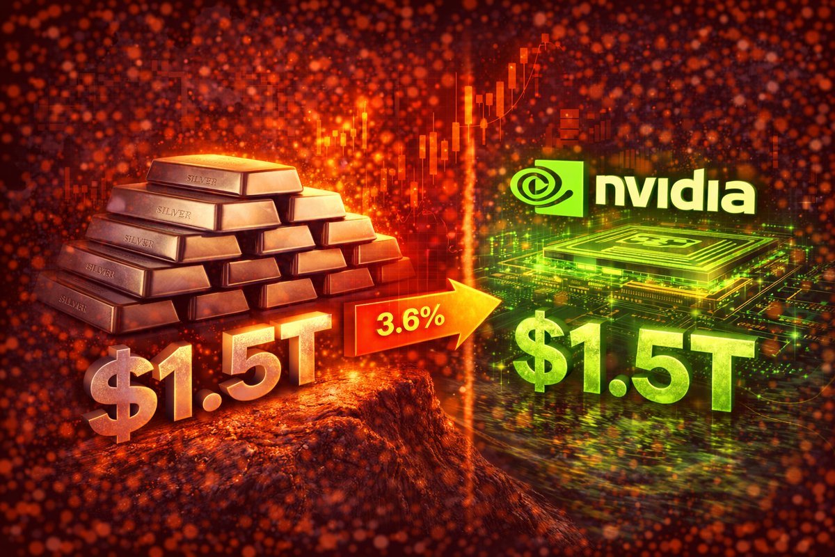Γράφημα σύγκρισης που δείχνει τη ραγδαία άνοδο της μετοχής της Nvidia να πλησιάζει απειλητικά τη συνολική κεφαλαιοποίηση του ασημιού στην παγκόσμια αγορά.