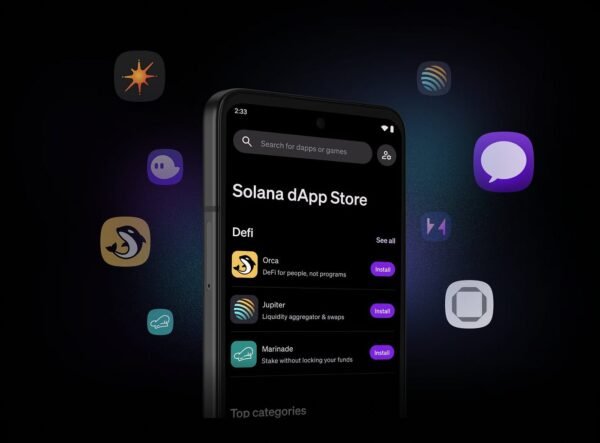 Smartphone με interface Solana Mobile Stack που δείχνει native crypto wallet και dApp access σε Android συσκευή