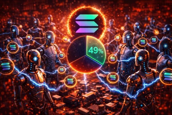 Διάγραμμα εβδομαδιαίου market share x402 συναλλαγών ανά blockchain, με τη Solana να κατέχει περίπου 49% των agent-to-agent payments και να προηγείται έναντι Polygon και Base.