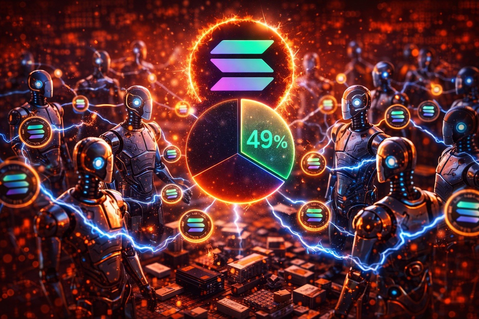 Διάγραμμα εβδομαδιαίου market share x402 συναλλαγών ανά blockchain, με τη Solana να κατέχει περίπου 49% των agent-to-agent payments και να προηγείται έναντι Polygon και Base.