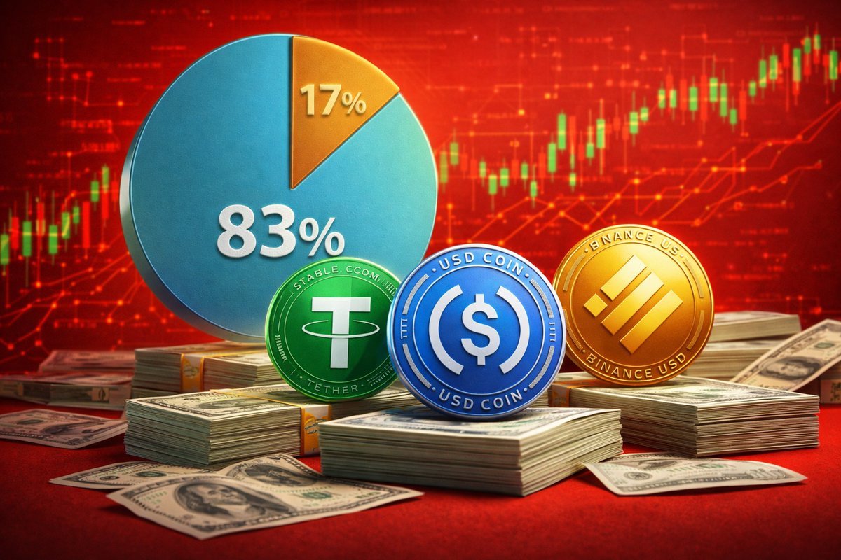 Διάγραμμα που αποτυπώνει την ιστορική κυριαρχία των stablecoins στο 83% του συνολικού όγκου συναλλαγών spot σε δολάριο USD στην αγορά κρυπτονομισμάτων το 2026.