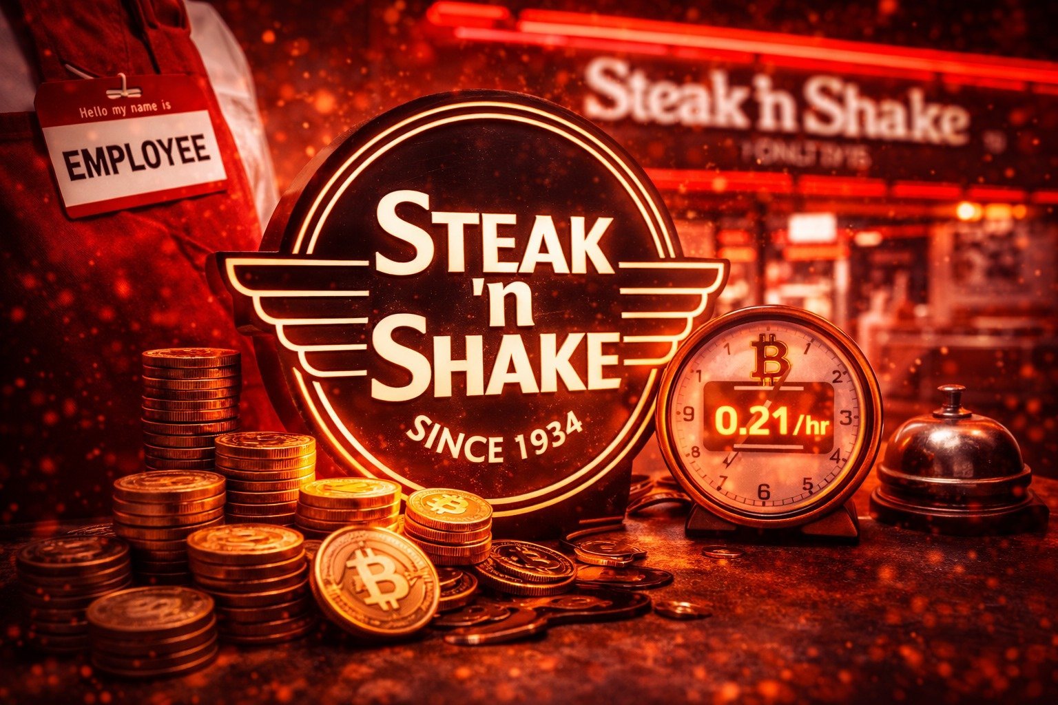 Εικόνα ενός εστιατορίου Steak ’n Shake με αναφορά σε Bitcoin bonus για εργαζομένους, αντικατοπτρίζοντας την καινοτόμα κίνηση πληρωμής σε BTC.