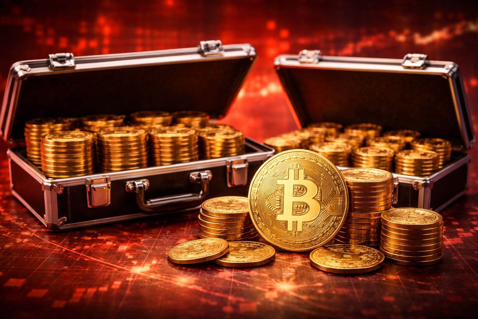 Ψηφιακή απεικόνιση του λογοτύπου της εταιρείας Strategy σε σκοτεινό φόντο με χρυσά νομίσματα Bitcoin και ανοδικά οικονομικά διαγράμματα, συμβολίζοντας τη συνεχή συσσώρευση κρυπτονομισμάτων.