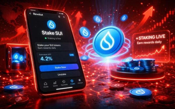 Το λογότυπο του κρυπτονομίσματος Sui (SUI) δίπλα στην εφαρμογή της Revolut σε smartphone, αναδεικνύοντας τη νέα λειτουργία staking για παθητικό εισόδημα