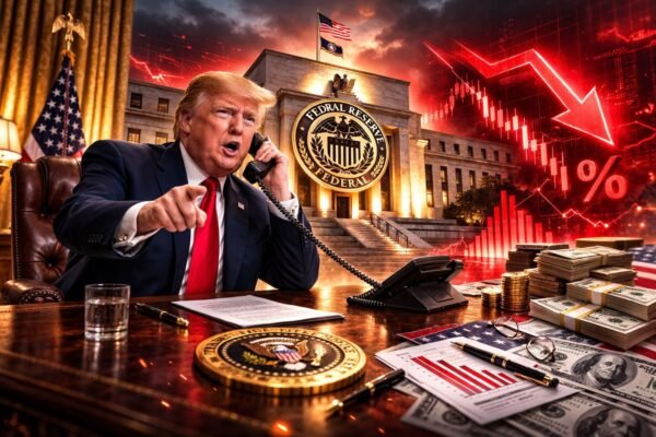 Ο Πρόεδρος Ντόναλντ Τραμπ σε ομιλία του με φόντο το λογότυπο της Federal Reserve και το σύμβολο του Bitcoin, αντιπροσωπεύοντας την πίεση για μείωση των επιτοκίων και την επίδραση στα crypto