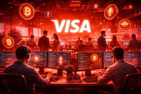 Μια φουτουριστική κάρτα Visa που περιβάλλεται από λαμπερά ψηφιακά σύμβολα του Ethereum και του Solana, με φόντο έναν ψηφιακό παγκόσμιο χάρτη και γραμμές κώδικα που συμβολίζουν την ενσωμάτωση του blockchain στο παγκόσμιο δίκτυο πληρωμών.