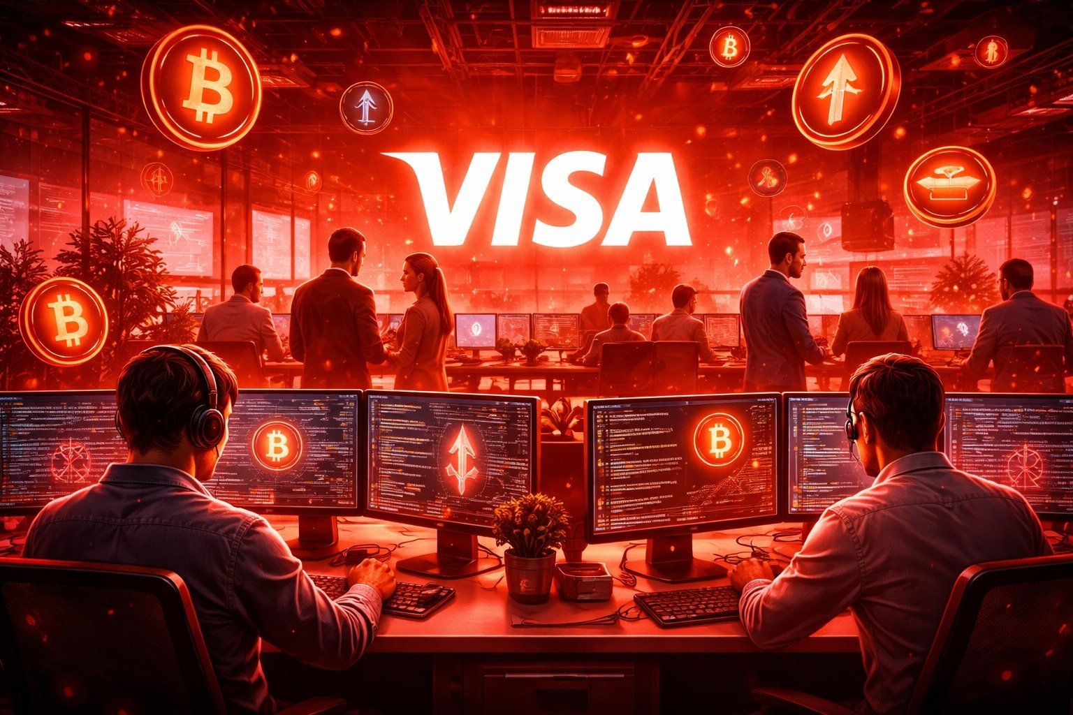 Μια φουτουριστική κάρτα Visa που περιβάλλεται από λαμπερά ψηφιακά σύμβολα του Ethereum και του Solana, με φόντο έναν ψηφιακό παγκόσμιο χάρτη και γραμμές κώδικα που συμβολίζουν την ενσωμάτωση του blockchain στο παγκόσμιο δίκτυο πληρωμών.