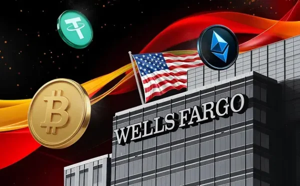 Λογότυπο της αμερικανικής τράπεζας Wells Fargo δίπλα σε γραφικά ψηφιακών νομισμάτων, συμβολίζοντας την κατάθεση του εμπορικού σήματος για το νέο stablecoin WFUSD.