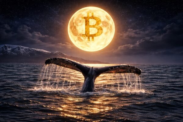 Γράφημα της CryptoQuant που δείχνει την άνοδο του Bitcoin Exchange Whale Ratio σε υψηλό 6 ετών με φόντο το λογότυπο του Bitcoin και ψηφιακά ταμπλό τιμών.