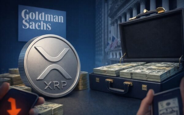 Το λογότυπο της τράπεζας Goldman Sachs δίπλα στο ψηφιακό σύμβολο του κρυπτονομίσματος XRP, με φόντο φωτεινά ανοδικά διαγράμματα της Wall Street και την ένδειξη ETF.