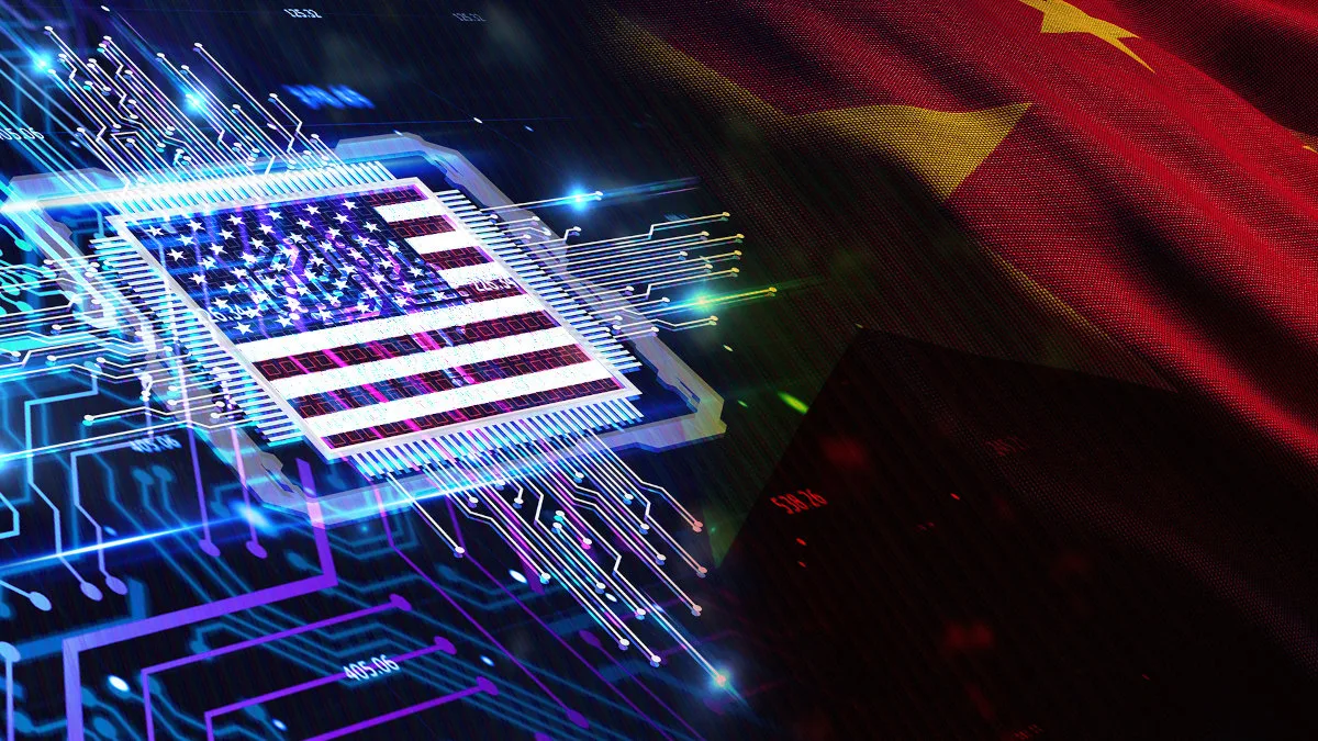White House vs China AI war — US flag and Chinese flag with AI circuit board overlay, symbolizing the tech theft conflict