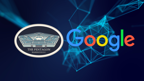 Λογότυπο Google μπροστά από το κτίριο του Πενταγώνου με γραφικό τεχνητής νοημοσύνης — μυστική συμφωνία AI για στρατιωτικές επιχειρήσεις