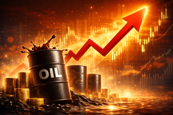 Γράφημα τιμής Brent +3%, με σημαία Ιράν και εικόνα Στενού Ορμούζ — "Παραίτηση Γκαλιμπάφ και εκτίναξη πετρελαίου".